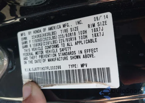 2015 Honda Crosstour Ex V6 from USA, damaged, VIN 5J6TF1H37FL000286